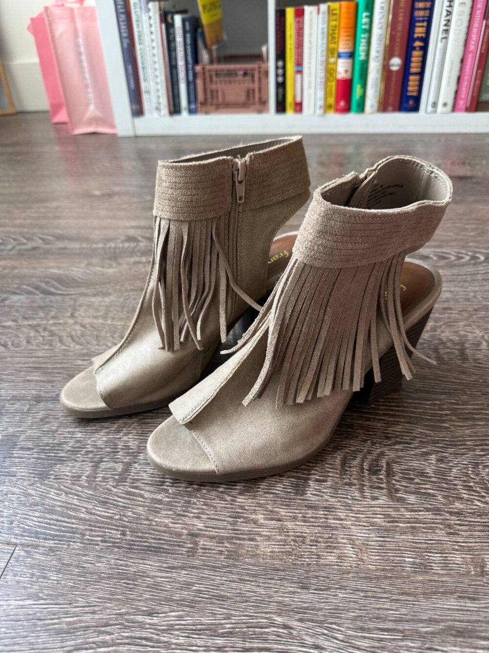 Francesca’s Varinia Tan Fringe Peep Toe Booties Size 9